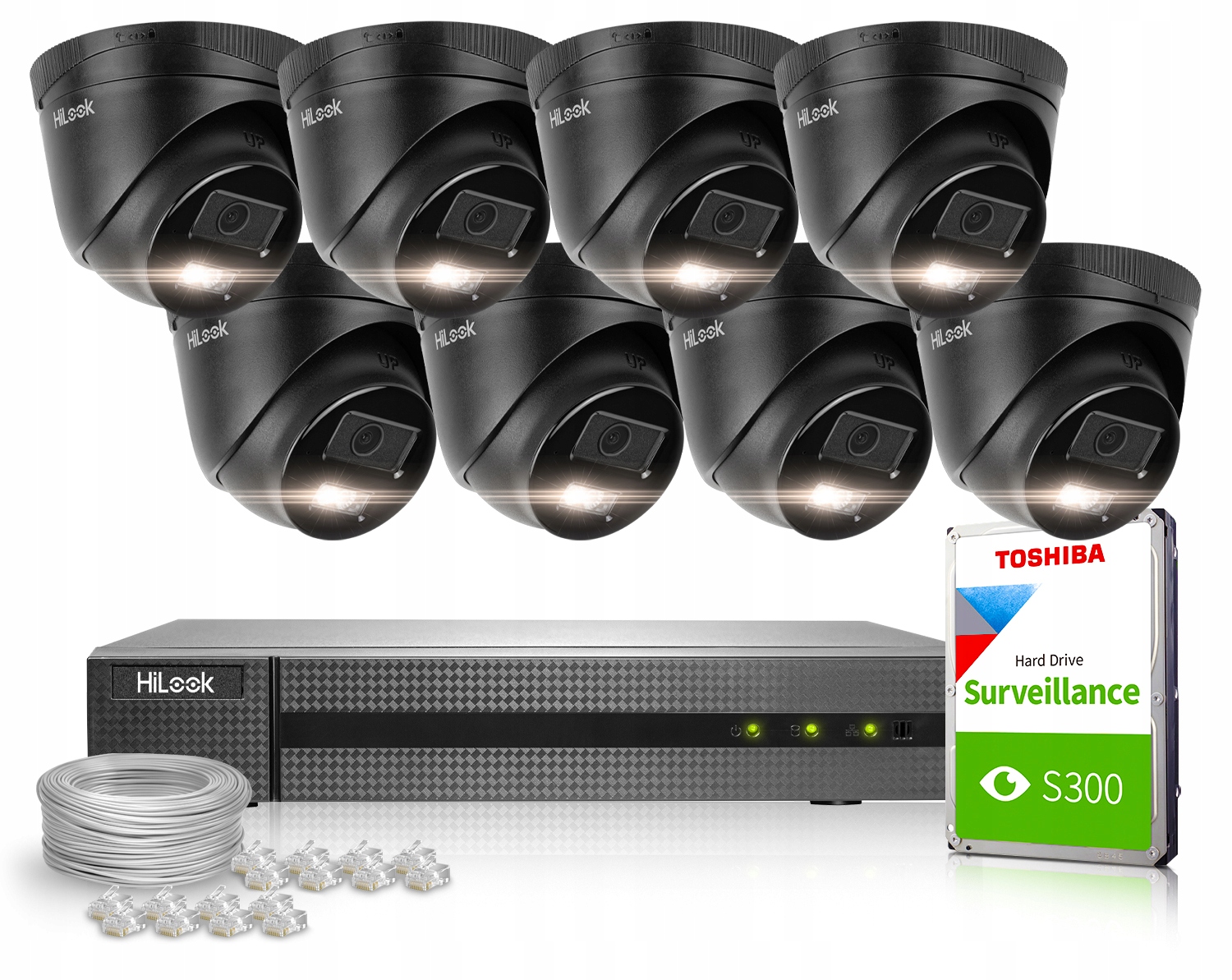 Zestaw do monitoringu HiLook NVR-8CH-4MP/8P + IPCAM-T4-30DL-BL (8x) +1TB