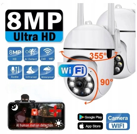Kamera obrotowa WIFI 4K 8MPX z autotrackingiem i kolorowym obrazem w nocy