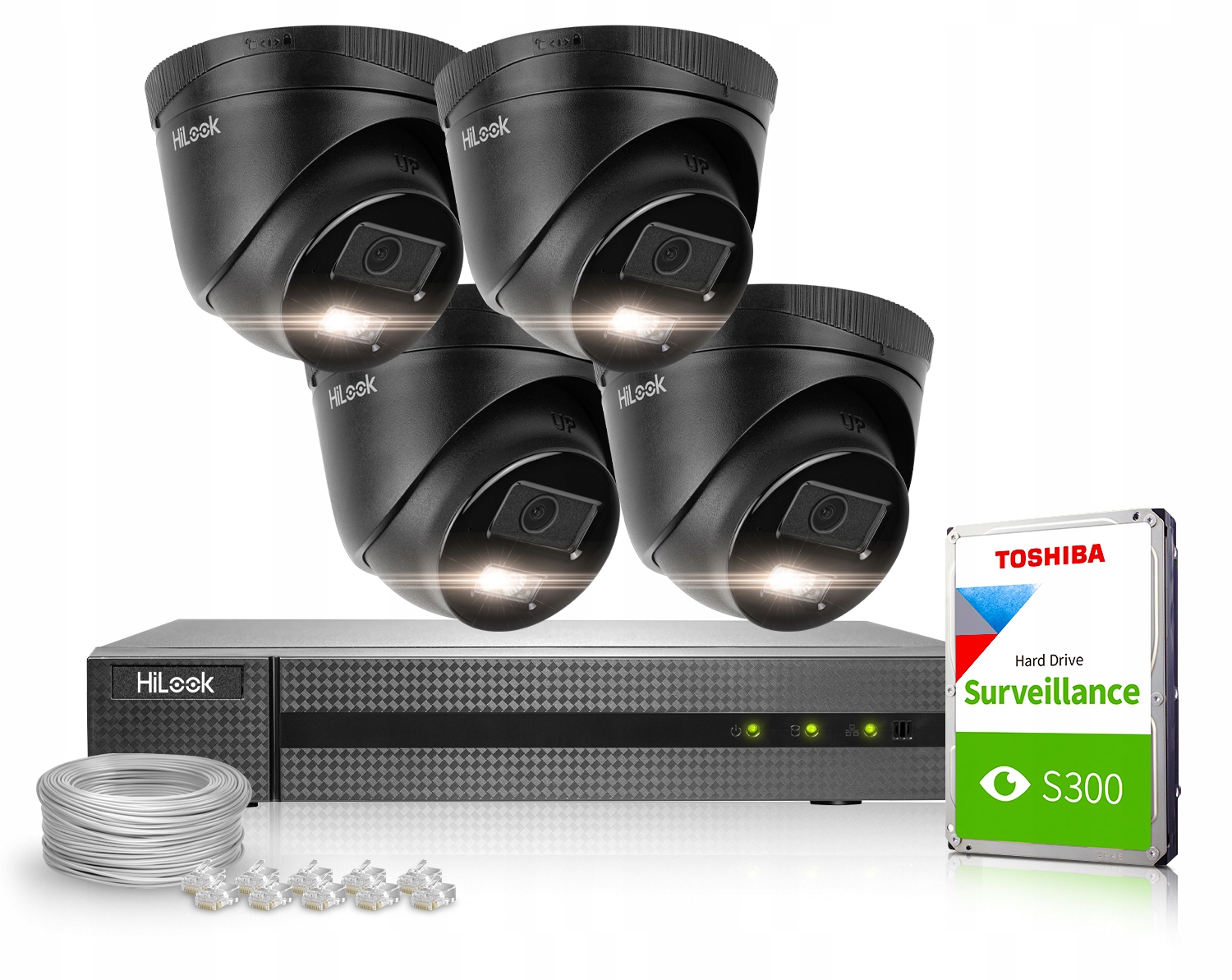 Zestaw do monitoringu HiLook NVR-4CH-4MP/4P + IPCAM-T4-30DL-BL (4x)+1TB