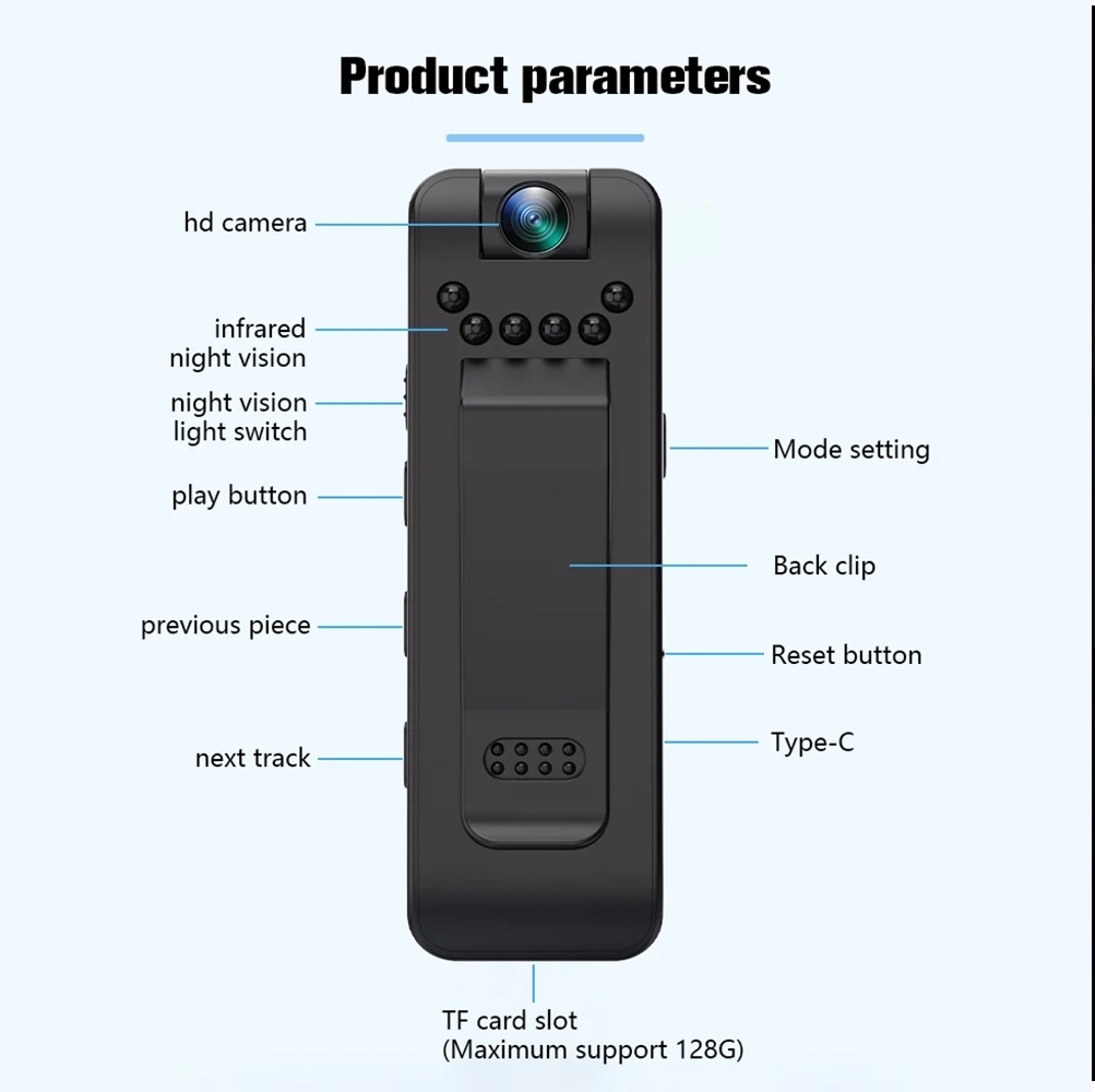 Kamera na ciało WiFi HD 1080P Interfejs LCD z klipsem - obrazek 2
