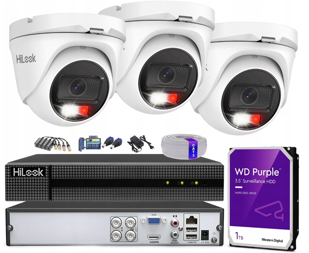 Zestaw do monitoringu HiLook 3 Kamery TVICAM-T5M-20DL + DVR-4CH-4MP