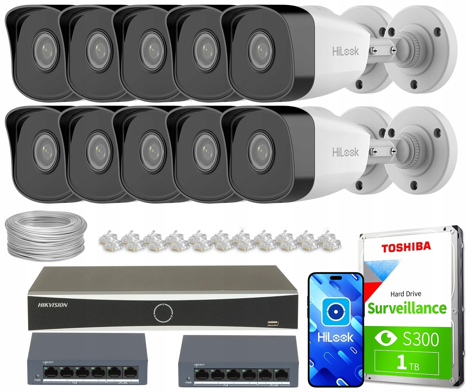 Zestaw monitoringu dom firma kamera 10x IPCAM-B5 5MPx IR 30m switch
