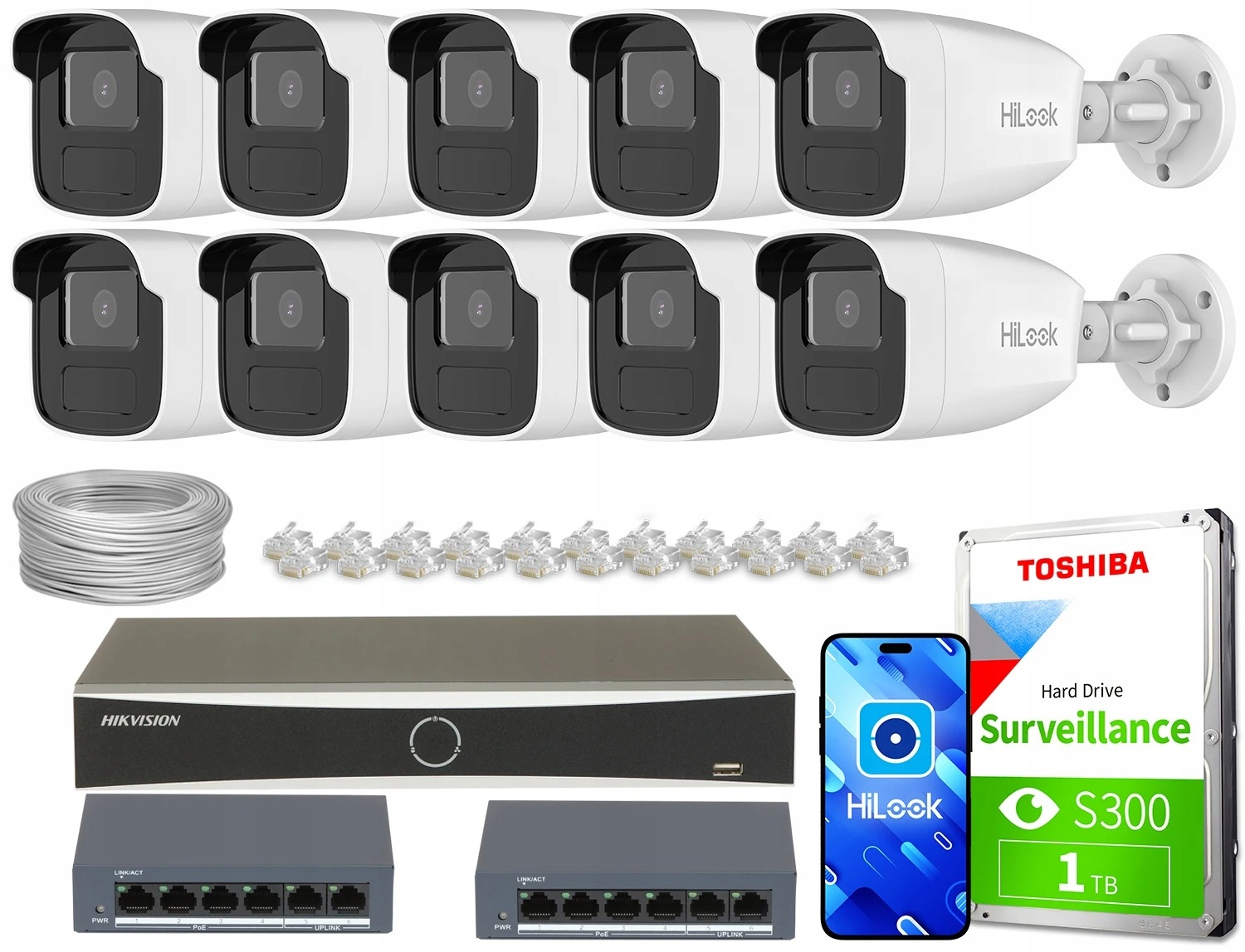 Zestaw Monitoringu dom firmy kamera 10x IPCAM-B4-50IR IR 50m 4MPx switch