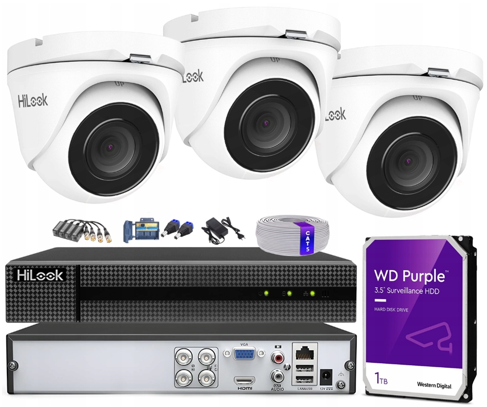 Zestaw do monitoringu HiLook 3x TVICAM-T5M + DVR-4CH-4MP +HDD
