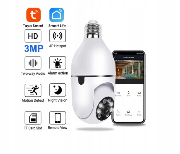 KAMERA WIFI OBROTOWA 3MPX Z GWINTEM E27 APP TUYA