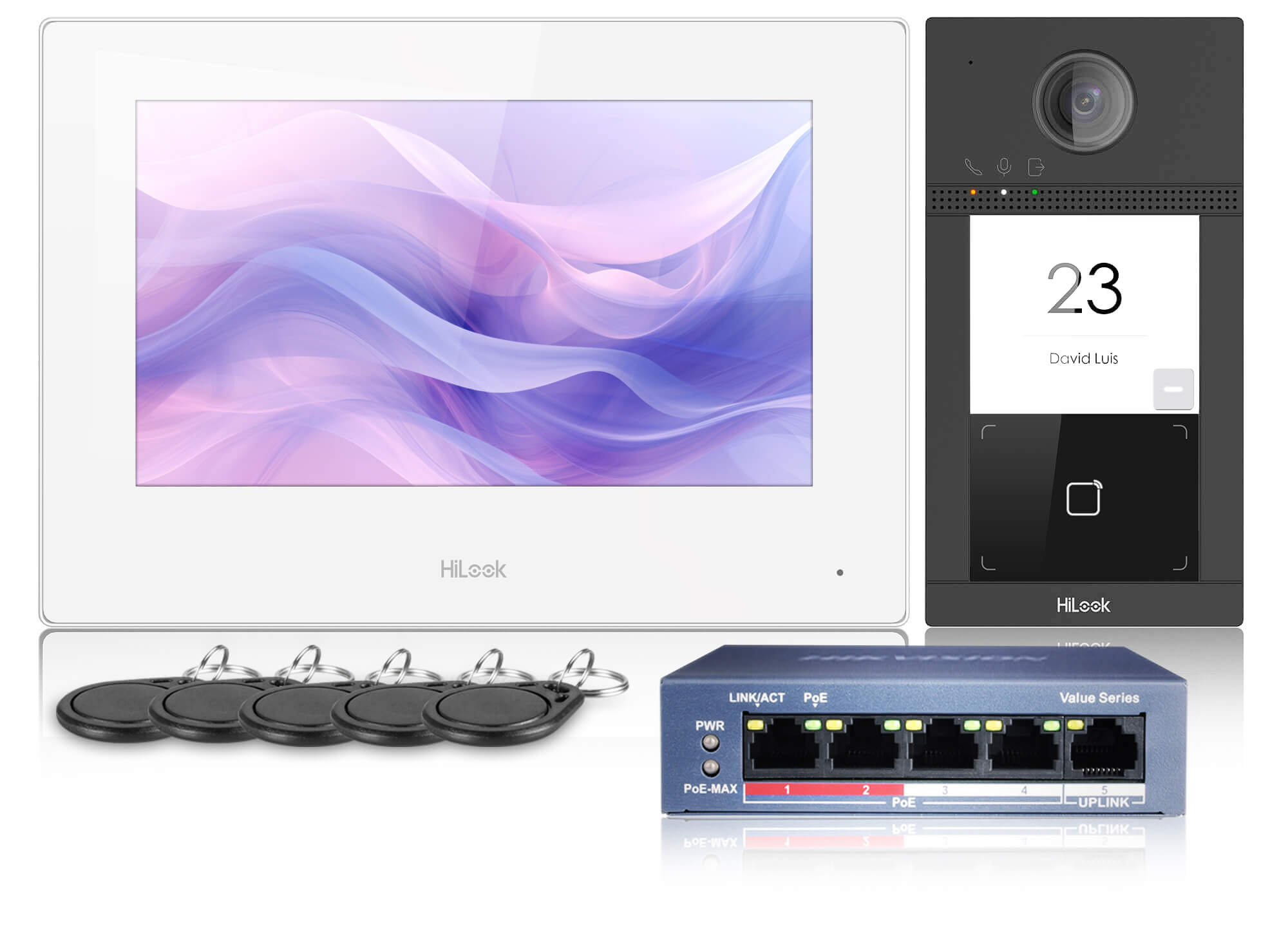 Wideodomofon IP-VIS-Pro-W, IP, Full HD, 129st., Pamięć, WiFi, Aplikacja, switch PoE, Czytnik, 5x Brelok HiLook by Hikvision
