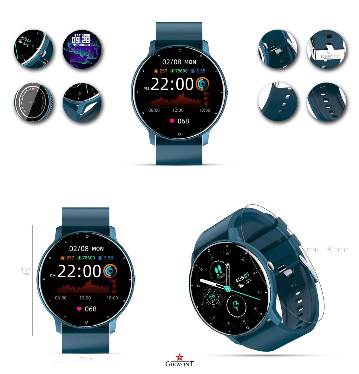 Smartwatch Giewont GW120-4 Niebieski i Niebieski Pasek Silikonowy - obrazek 6