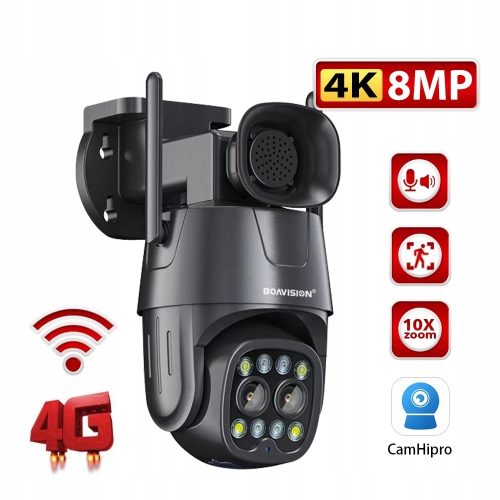 OBROTOWA KAMERA 4G WIFI LTE Z SYRENĄ DŹWIĘKOWĄ 4K 8MP slot mSD