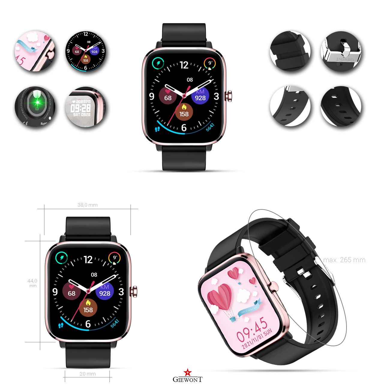 Smartwatch Giewont GW230-3 Tarcza Różowe Złoto i Czarny Pasek Silikonowy - obrazek 6