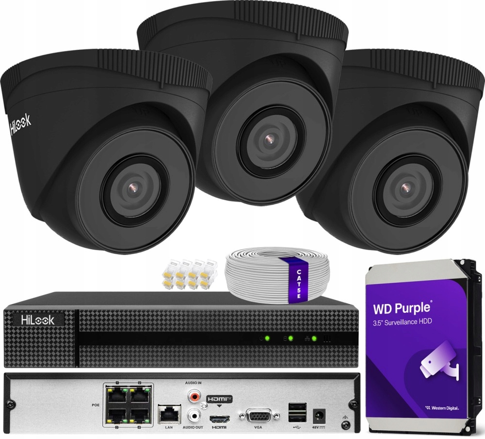 Zestaw monitoringu dom kamera IP 3x IPC-T250H BLACK 5MPx PoE IR30m