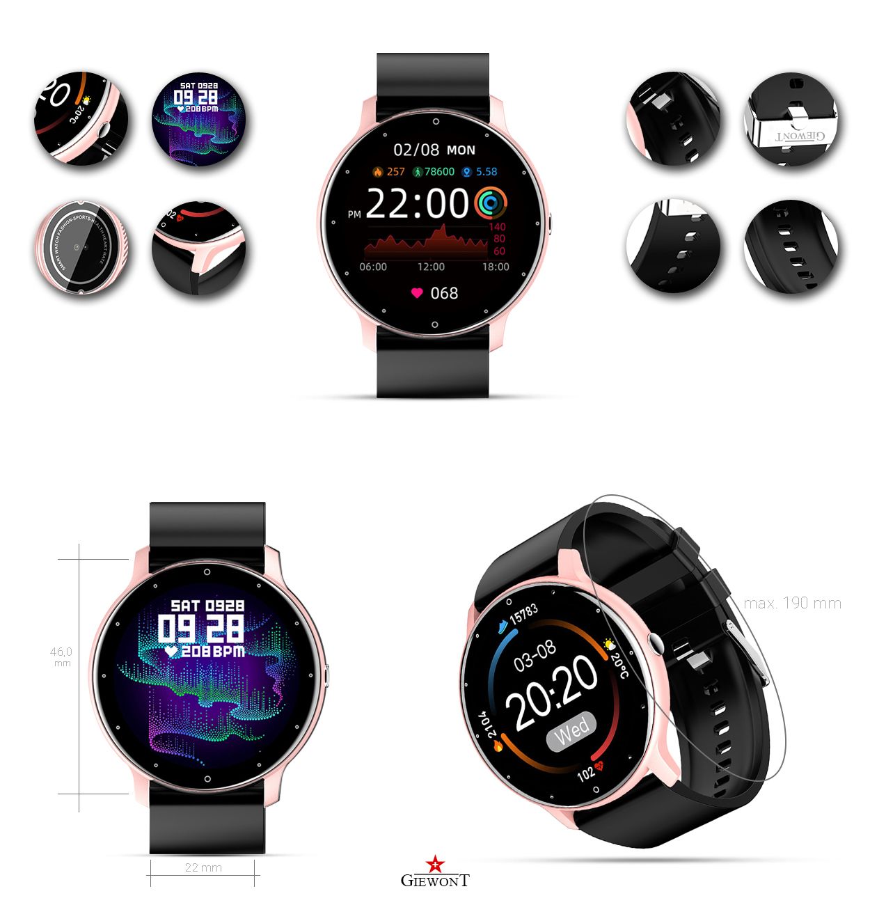 Smartwatch Giewont GW120-3 Różowy i Czarny Pasek Silikonowy - obrazek 6