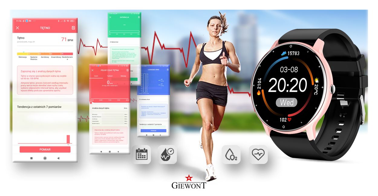 Smartwatch Giewont GW120-3 Różowy i Czarny Pasek Silikonowy - obrazek 10