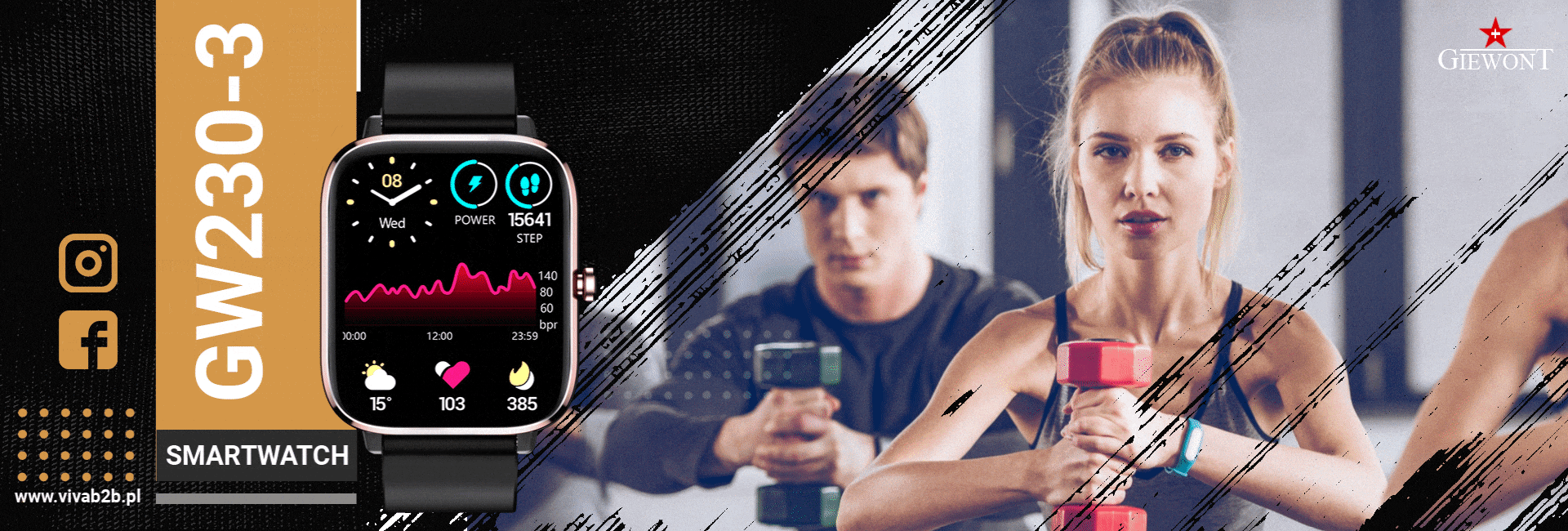 Smartwatch Giewont GW230-3 Tarcza Różowe Złoto i Czarny Pasek Silikonowy - obrazek 2