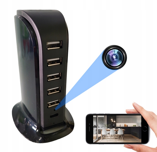 UKRYTA KAMERA WiFi W ŁADOWARCE 5xUSB ŁADOWARKA SZPIEGOWSKA PODGLĄD NA ŻYWO