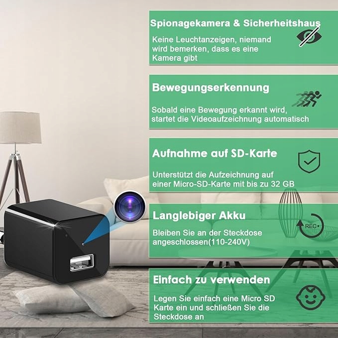 Mini KAMERA ŁADOWARKA USB UKRYTA SZPIEGOWSKA KAMERA UKRYTA W ŁADOWARCE - obrazek 9
