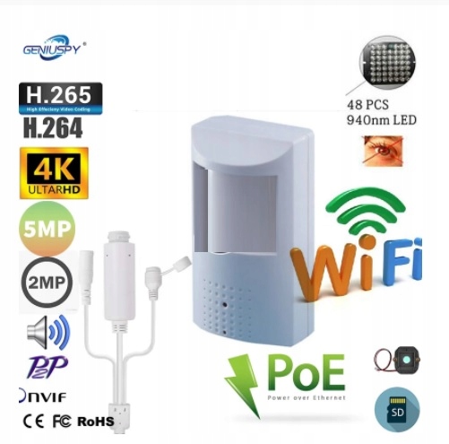 UKRYTA KAMERA W CZUJCE RUCHU PIR 8MPX 4K WIFI AUDI...