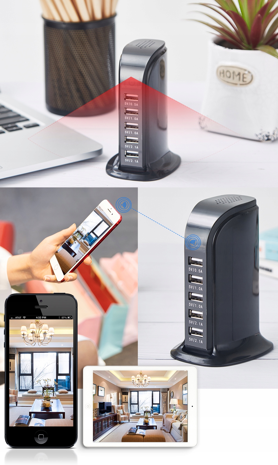 UKRYTA KAMERA WiFi W ŁADOWARCE 5xUSB ŁADOWARKA SZPIEGOWSKA PODGLĄD NA ŻYWO - obrazek 5