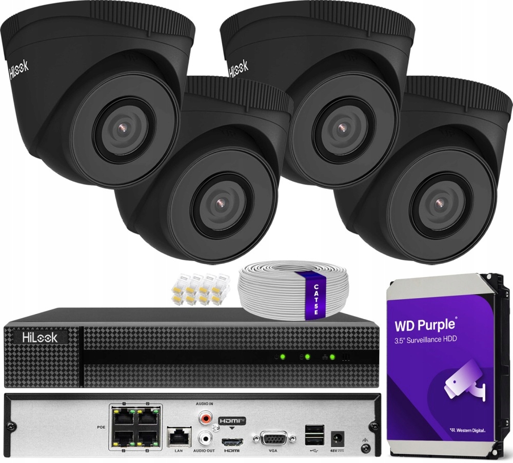 Zestaw monitoringu dom kamera IP 4x IPC-T250H BLACK 5MPx PoE IR30m