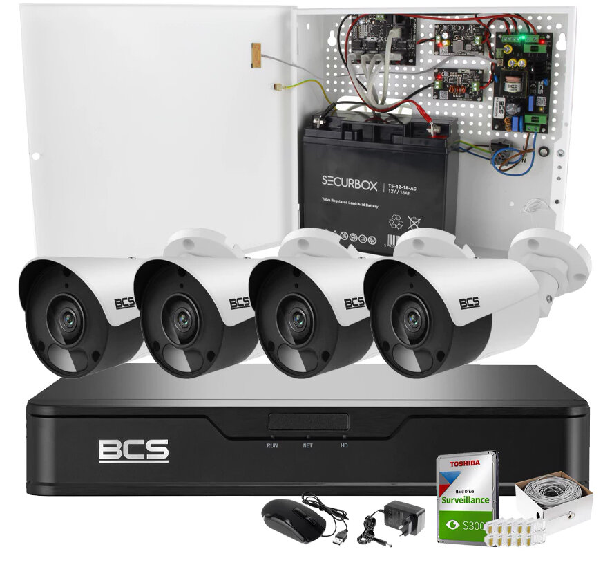 Zestaw do monitoringu 4x BCS-P-TIP14FSR5 4Mpx, BCS-P-NVR0401-4K(3), akcesoria, zasilanie awaryjne