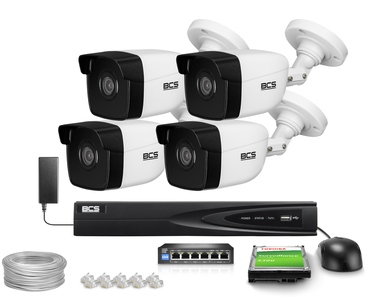 BCS View Zestaw monitoringu 4x kamera BCS-V-TIP14FWR3 4Mpx IR 30m