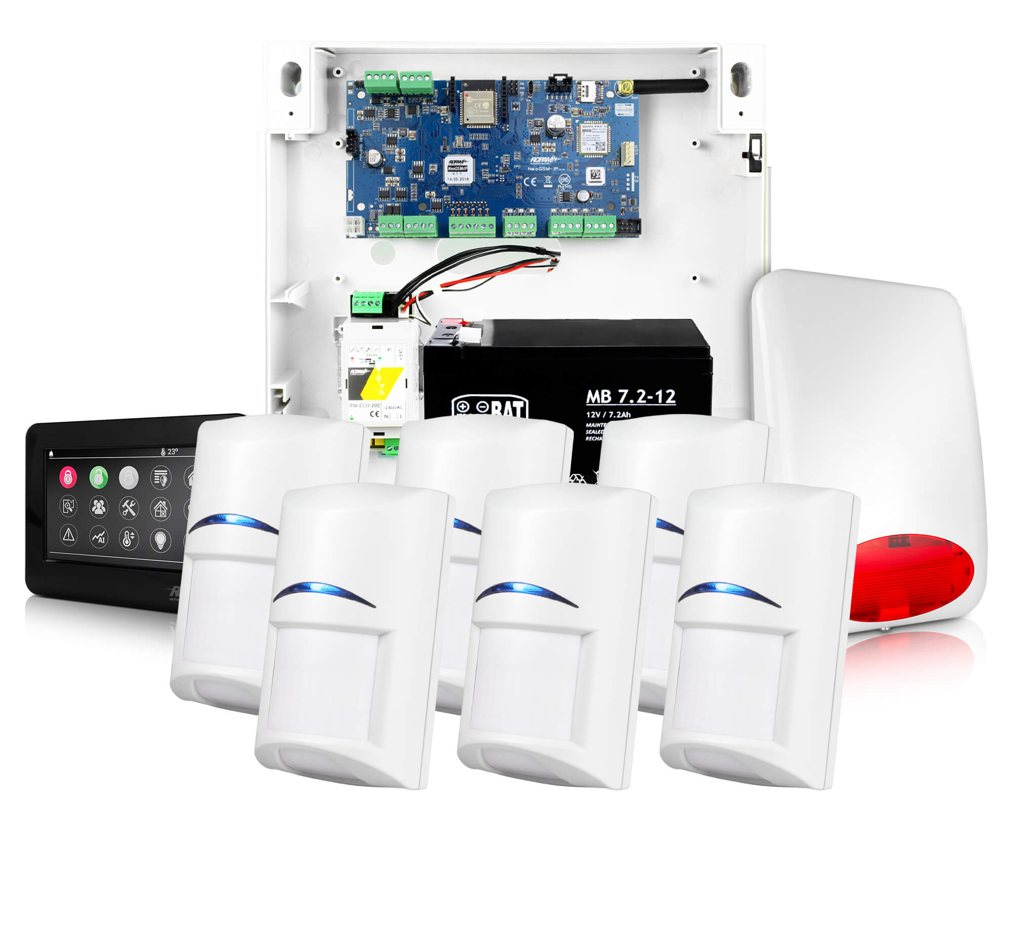 System alarmowy Ropam NeoGSM-IP z 6 czujkami ruchu Bosch, panelem TPR-4BS i sygnalizatorem SPL-5010