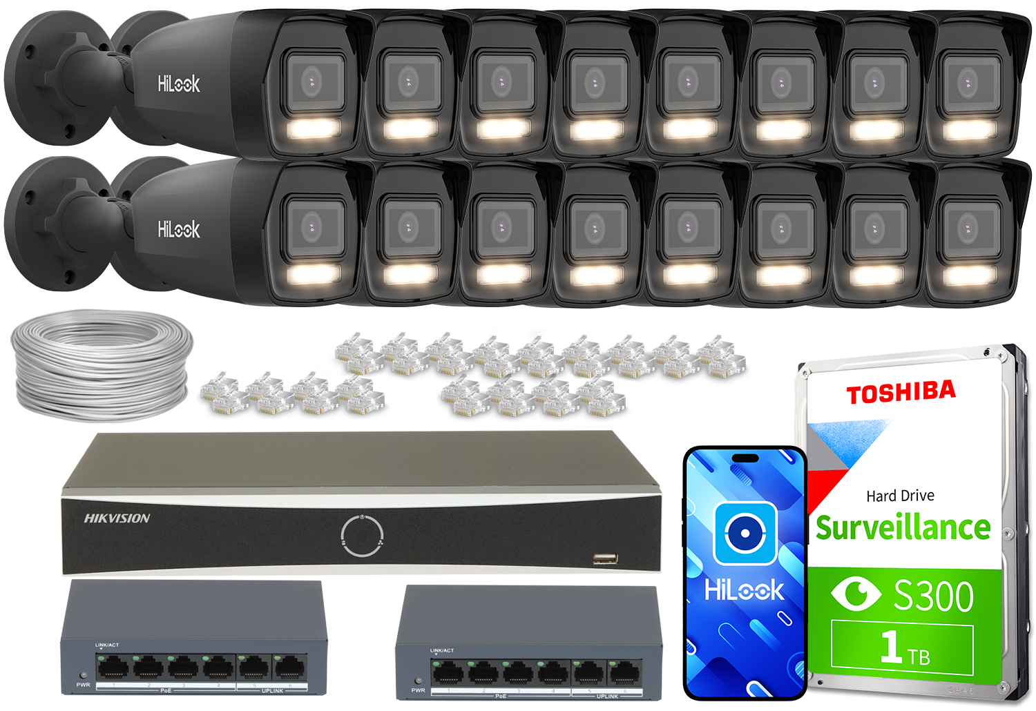 Zestaw do monitoringu 16x IPCAM-B4-30DL Black 4Mpx Hybrid Light 20m/30m MD 2.0 HiLook Hikvision