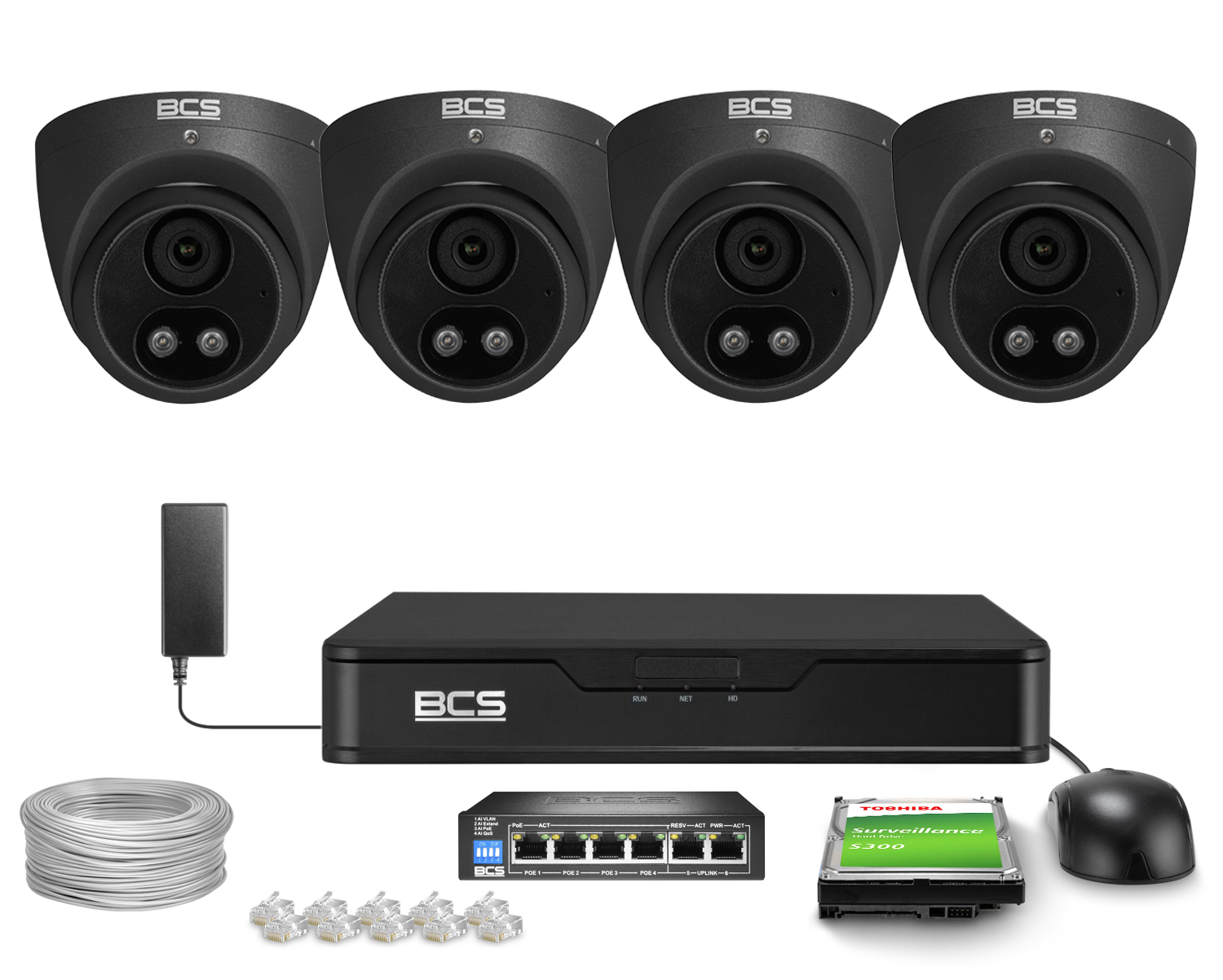 Zestaw do monitoringu 4x BCS-P-EIP25FSR3L2-AI2-G 5Mpx IR 30m + White Light WDR Funkcje inteligentne