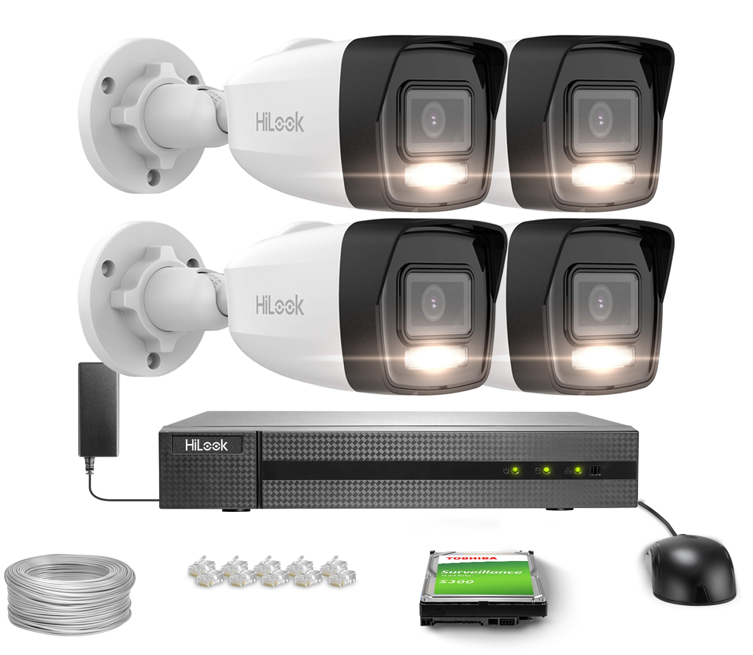 Zestaw do monitoringu HiLook Hikvision 4x IPCAM-B6-30DL, 1x NVR-4CH-5MP/4P, 6Mpx Smart Hybrid-Light 30m