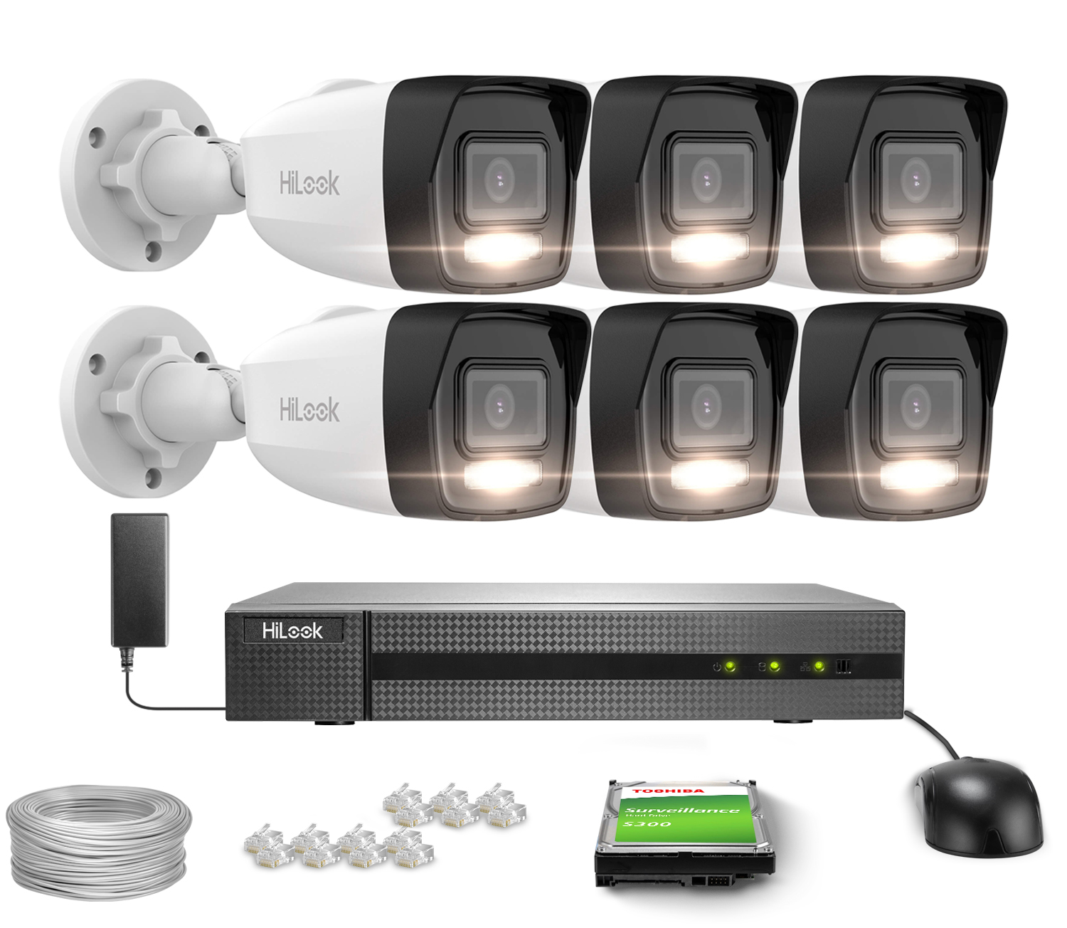 Zestaw do monitoringu HiLook Hikvision 6x IPCAM-B6-30DL, 1x NVR-8CH-5MP, 6Mpx Smart Hybrid-Light 30m