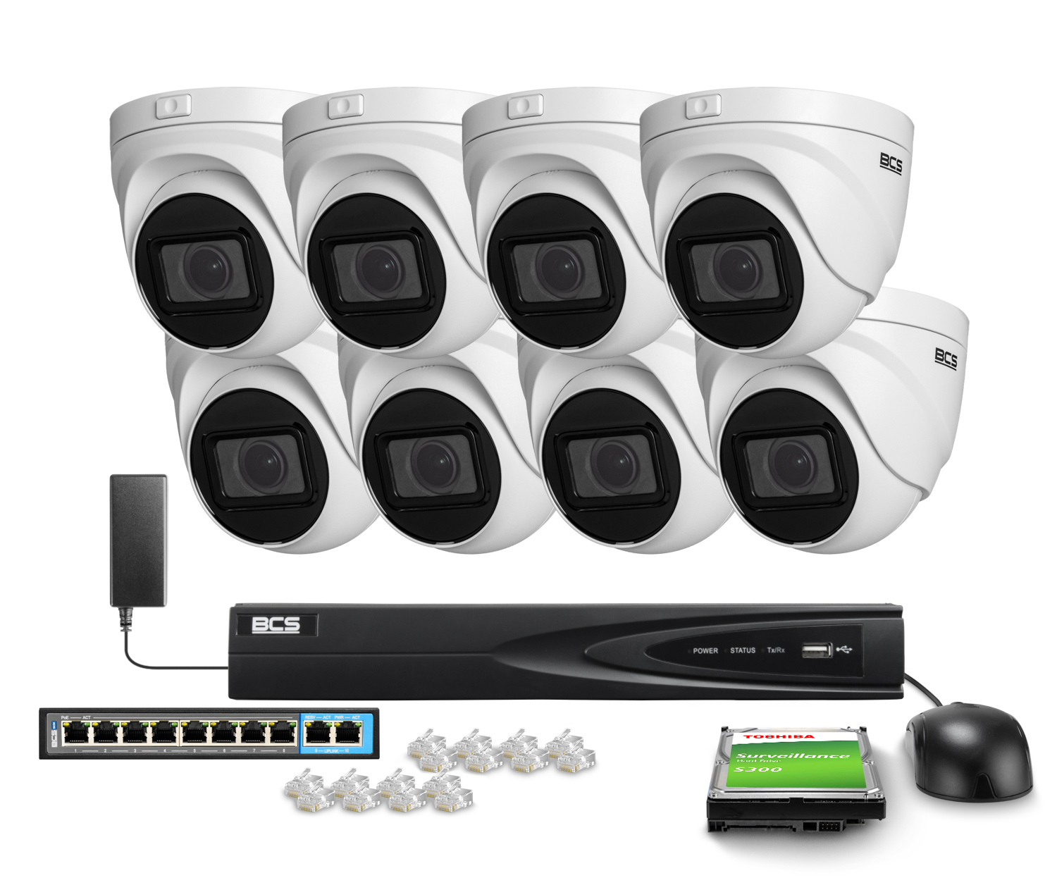 Zestaw do monitoringu 8x BCS-V-EIP45VSR3, 5Mpx, IR 30m, Detekcja ruchu BCS