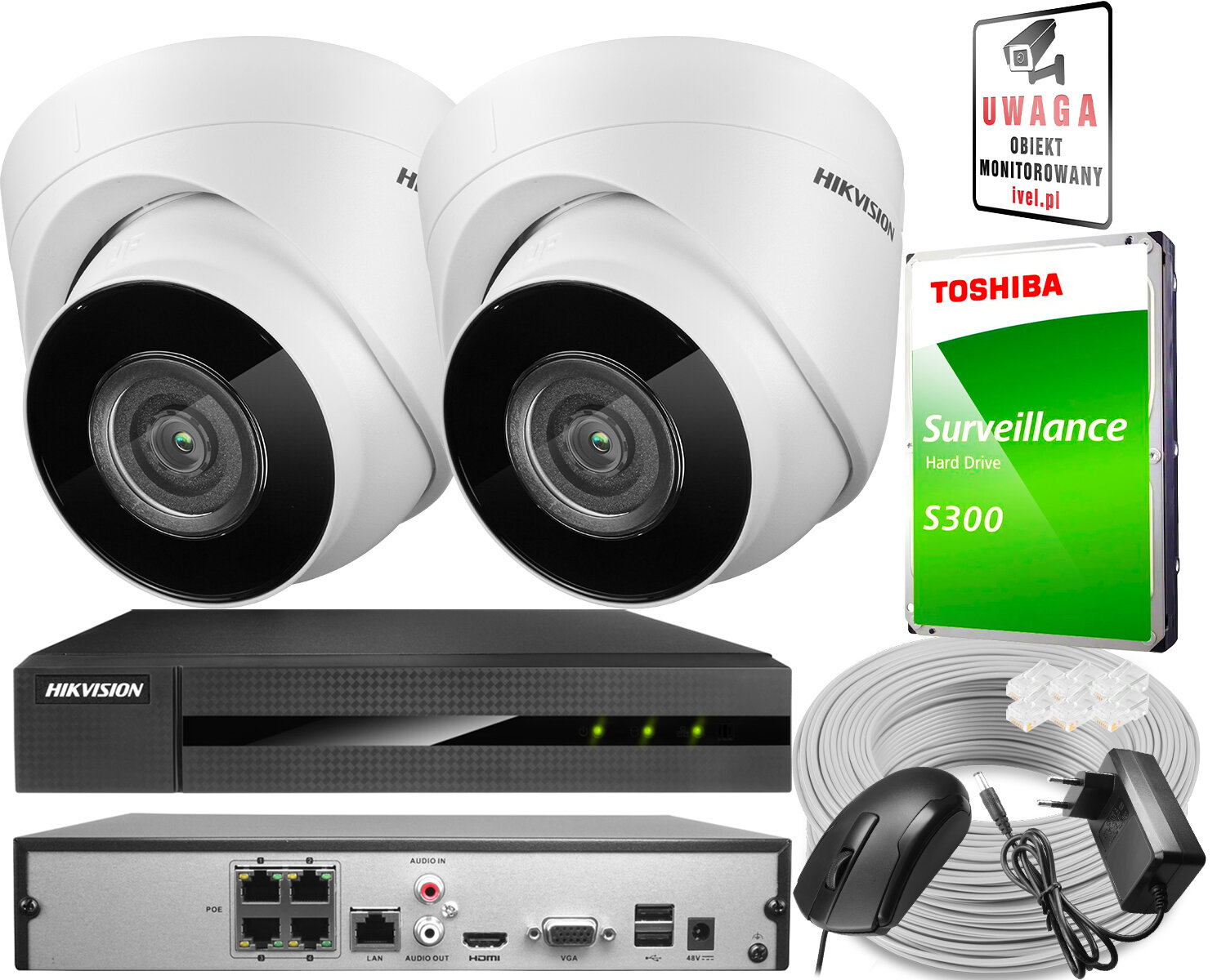 Zestaw dwóch kamer IP DS-2CD1341G0-I/PL 4 Mpx, rejestrator NVR-4CH-4MP/4P Hikvision