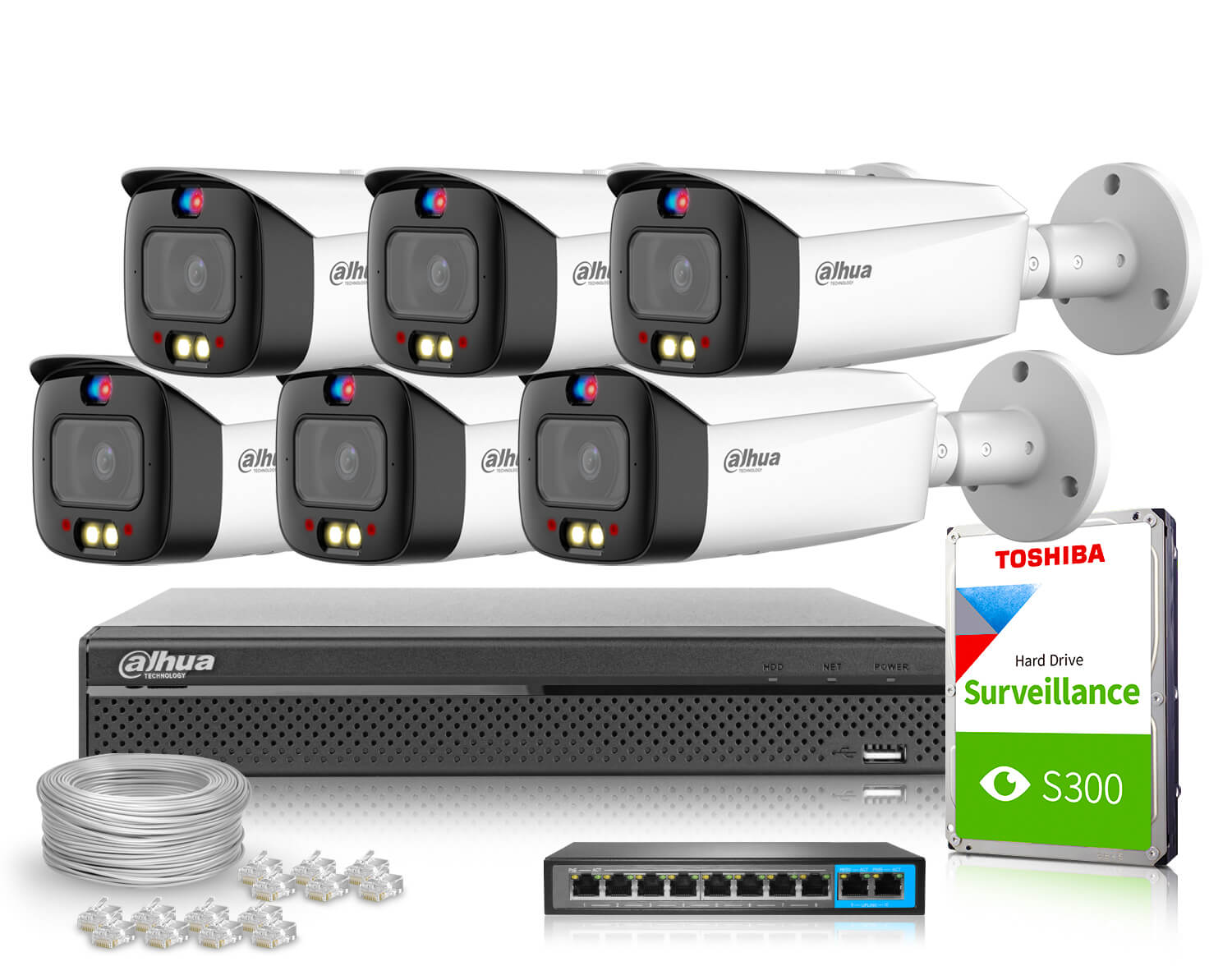 Zestaw do monitoringu IP Dahua 6x IPC-HFW3549T1-AS-PV-0280B-S4 5Mpx AI H.265+ SMD 4.0 AI SSA Full Color TiOC