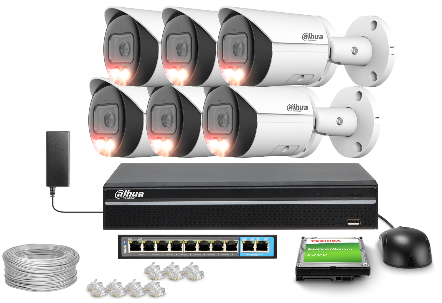 Zestaw do monitoringu IP Dahua 6x IPC-HFW2849S-S-IL-0280B 8Mpx IR 30m WDR 120dB Analiza IVS
