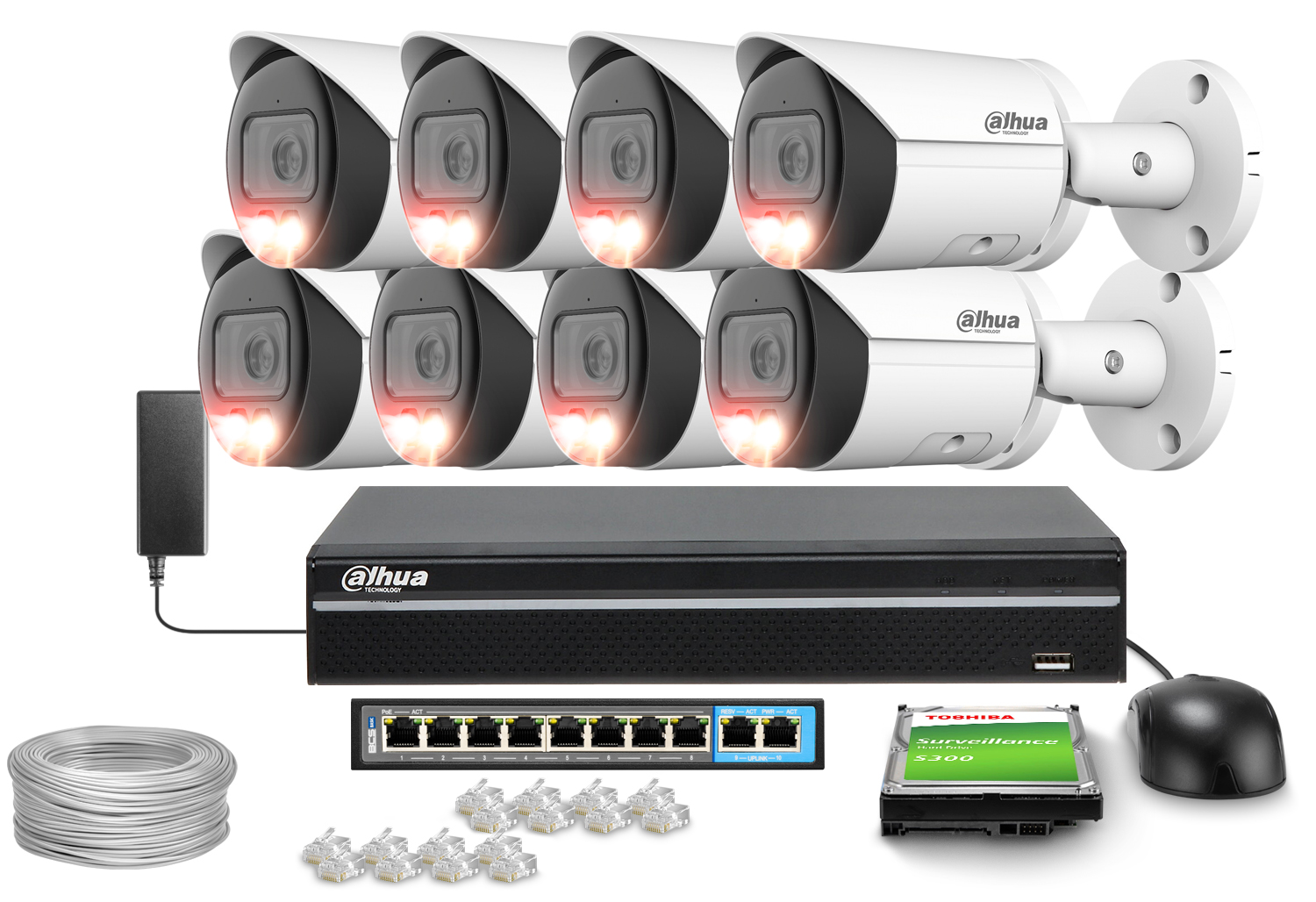 Zestaw do monitoringu IP Dahua 8x IPC-HFW2849S-S-IL-0280B 8Mpx IR 30m WDR 120dB Analiza IVS