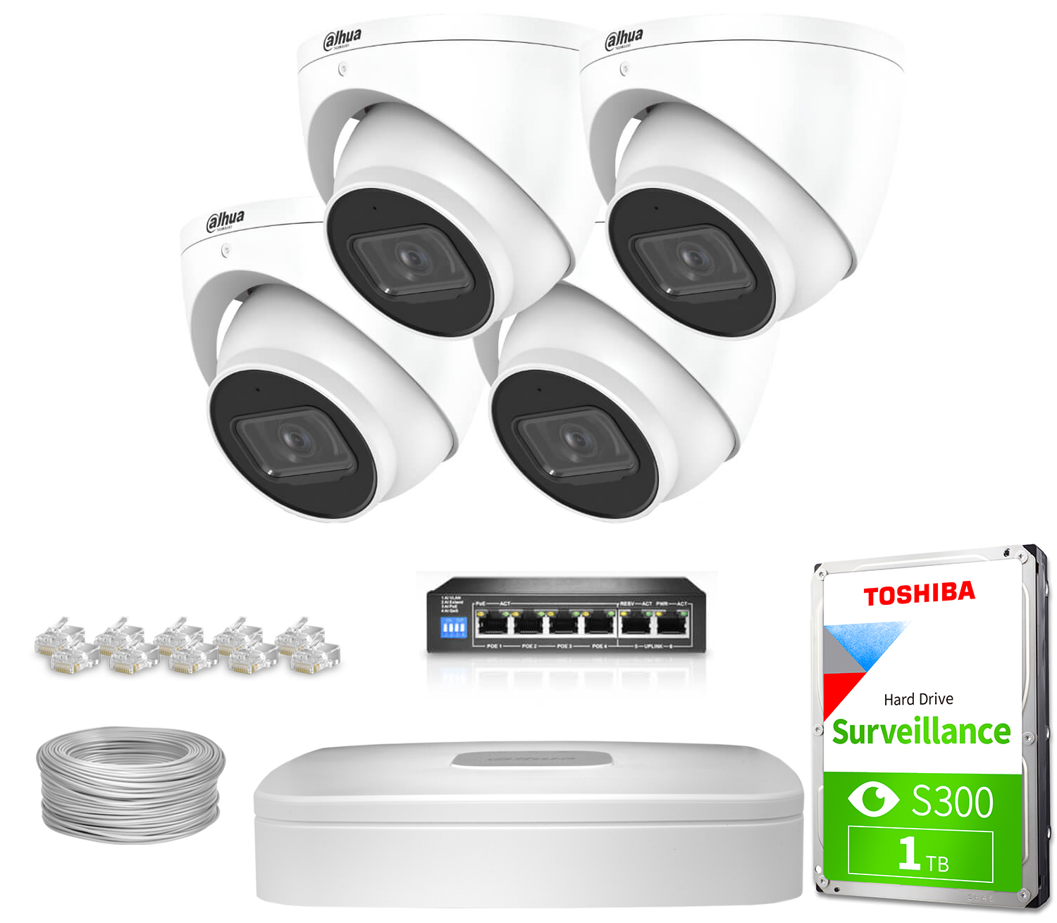 Zestaw do monitoringu IP Dahua 4x IPC-HDW3541EM-S-0280B-S2 5Mpx IR 50m AFSA AI SSA SMD 4.0 Quick Pick Analiza IVS