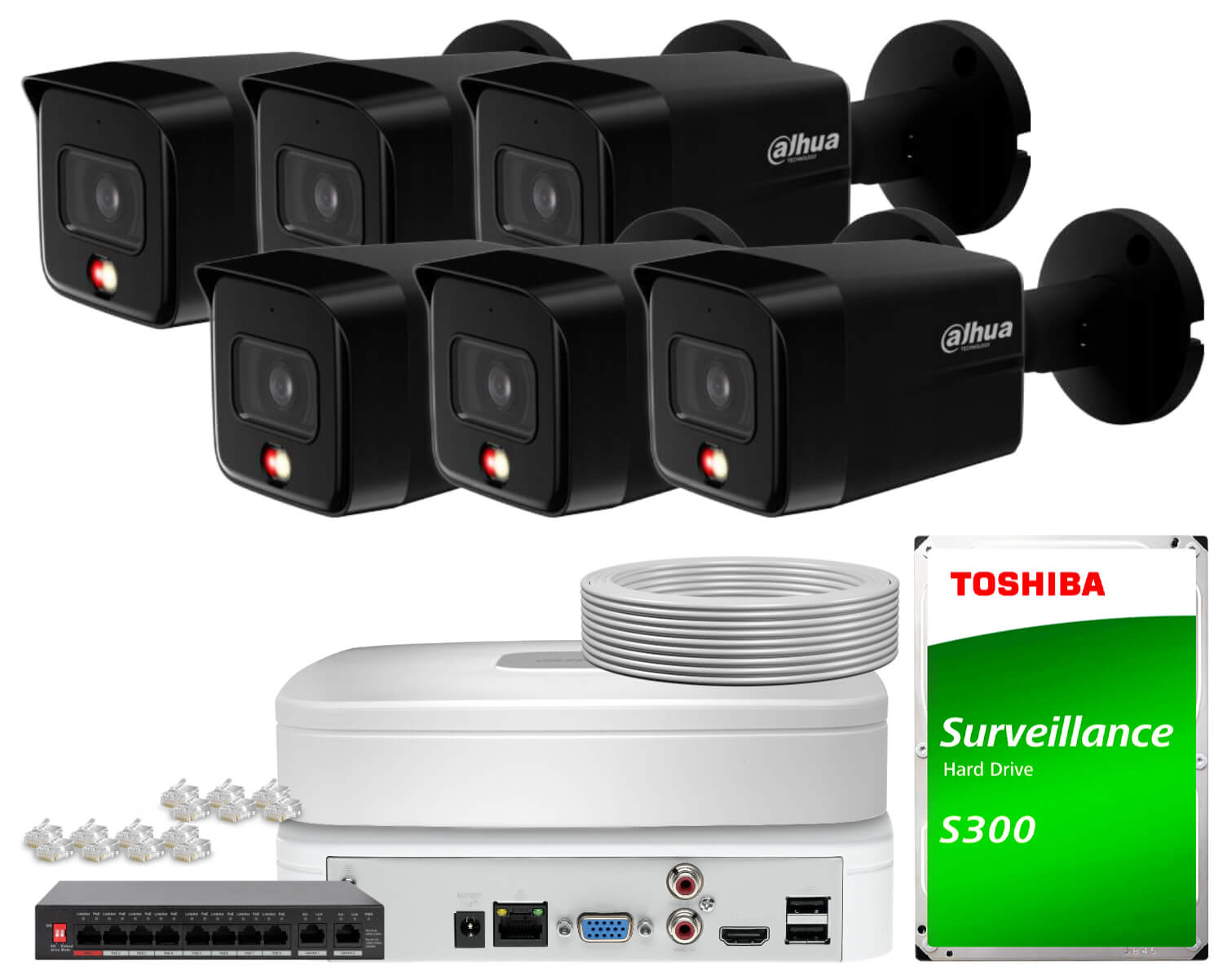 Zestaw do monitoringu IP Dahua 6x IPC-HFW1839TC-A-IL-0280B-S6 Black, SMD człowiek, Smart Dual Light, Full-Color