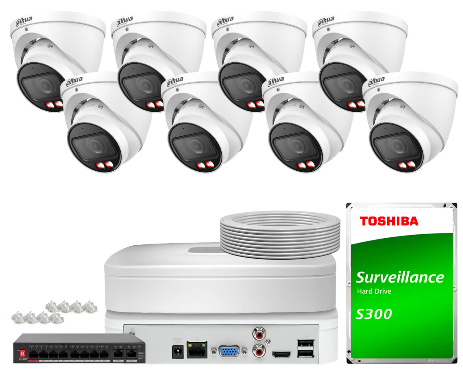 Zestaw do monitoringu IP Dahua 8x IPC-HDW2849T-ZS-IL-27135, AI, SMD Plus, Smart Dual Light, Full-Color