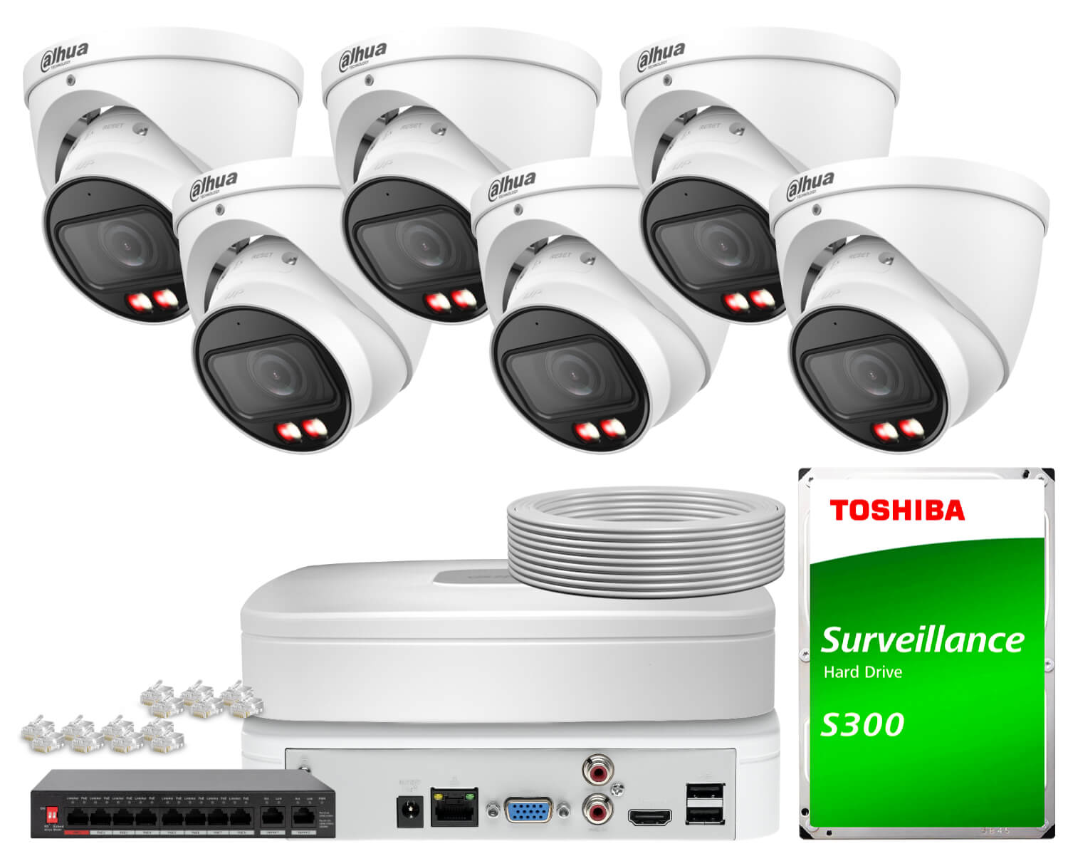 Zestaw do monitoringu IP Dahua 6x IPC-HDW2849T-ZS-IL-27135, AI, SMD Plus, Smart Dual Light, Full-Color