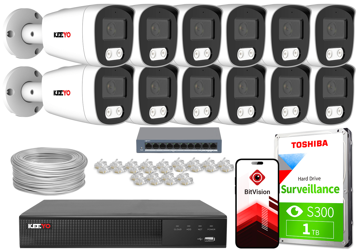 Zestaw do monitoringu IP KEEYO 12x LV-V-IP8M25TF-DL 8Mpx, podwójne oświetlenie