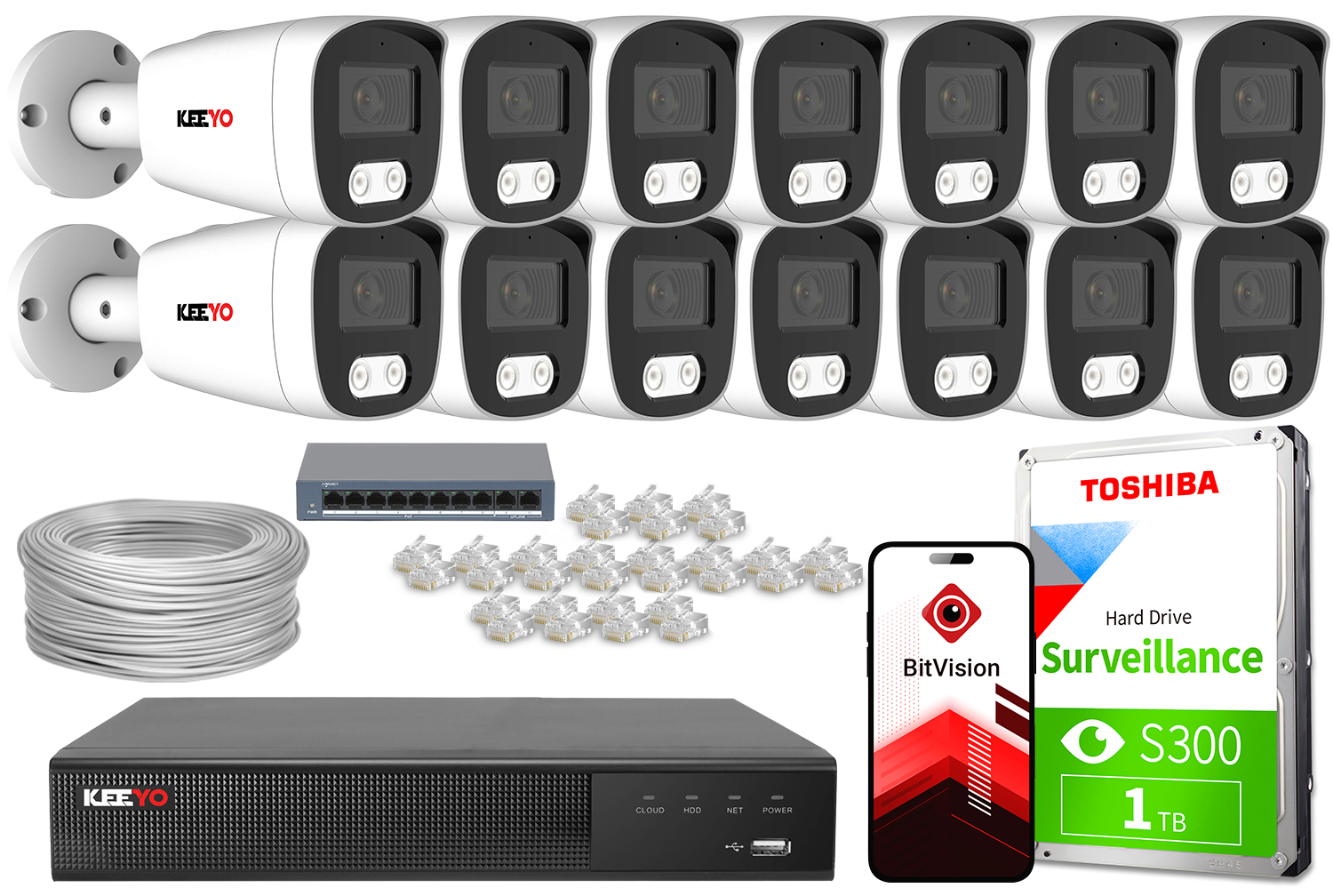 Zestaw do monitoringu IP KEEYO 14x LV-V-IP8M25TF-B-II 8Mpx IR 25m
