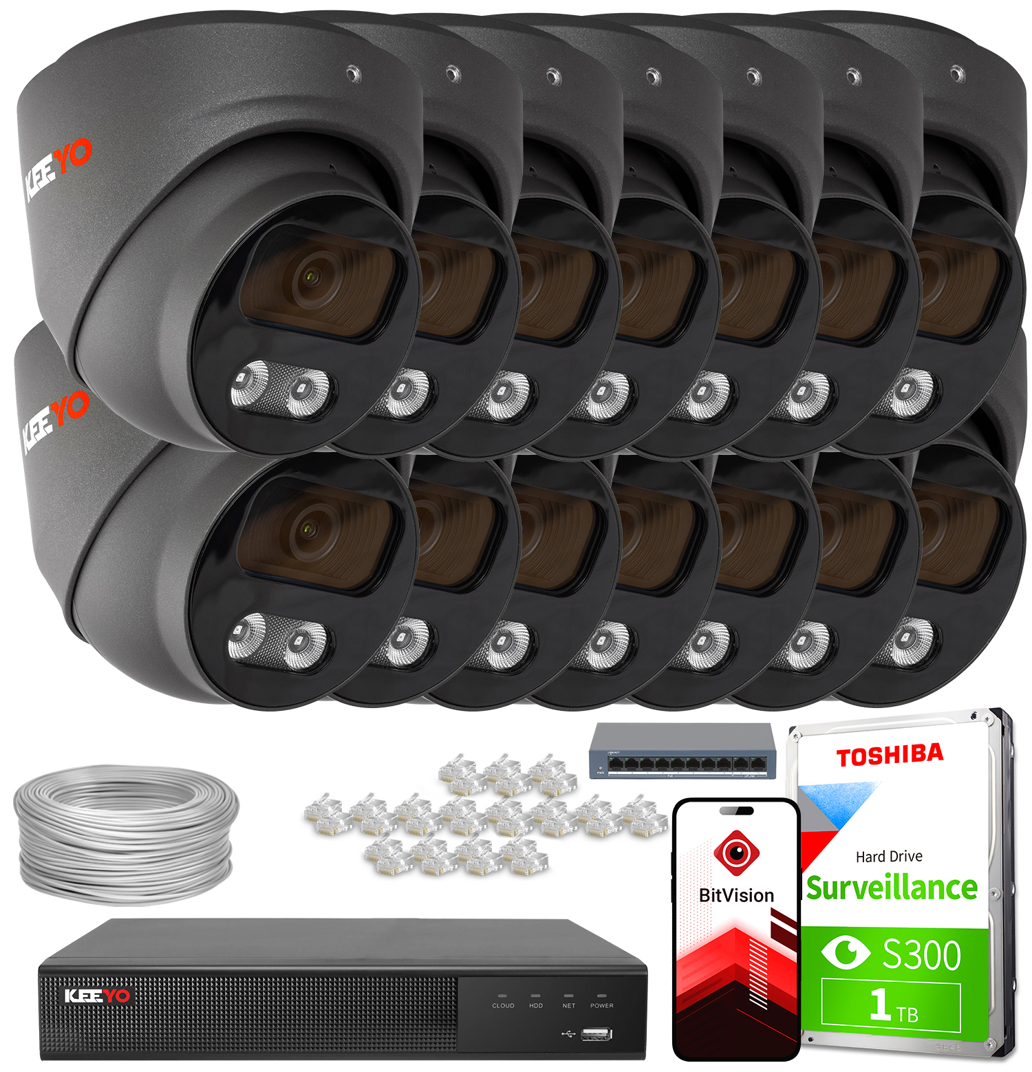 Zestaw do monitoringu IP KEEYO 14x LV-V-IP8M25DF-G-II 8Mpx IR 25m