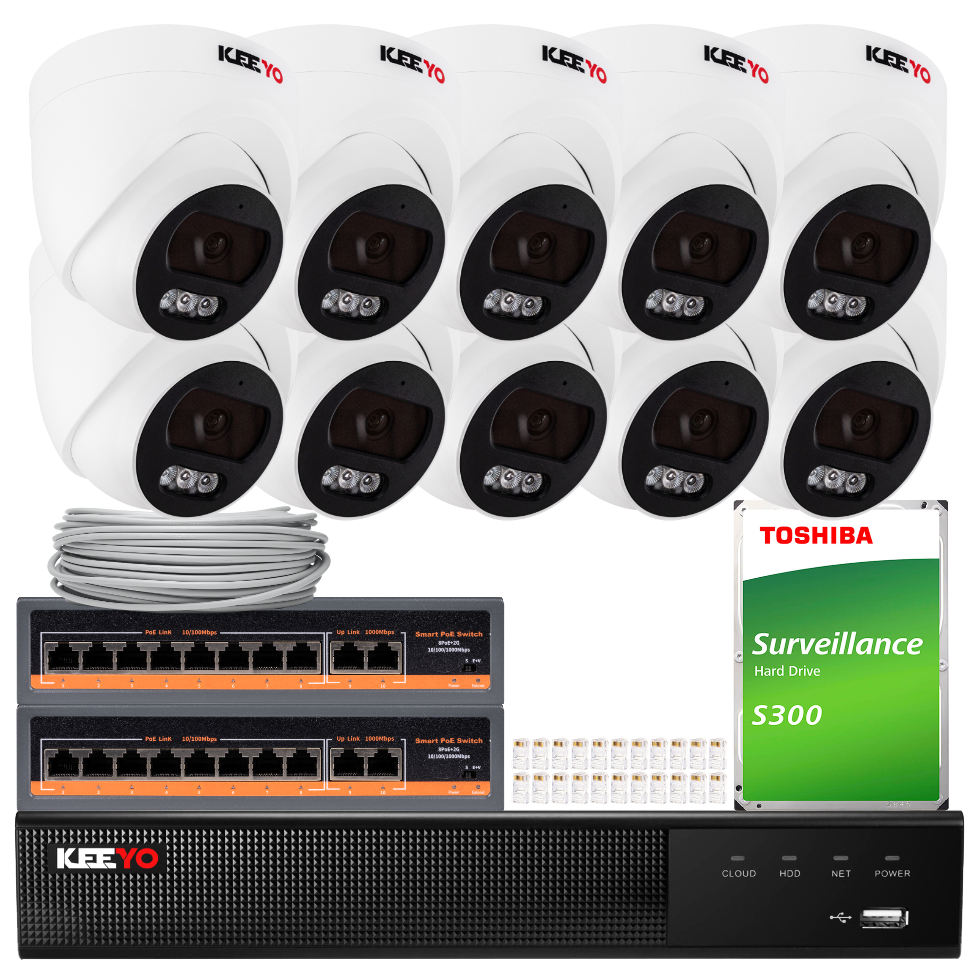 Zestaw do monitoringu IP KEEYO 10x LV-V-IP4M25DF-B 4Mpx, PoE, IR 25m, Audio, AI