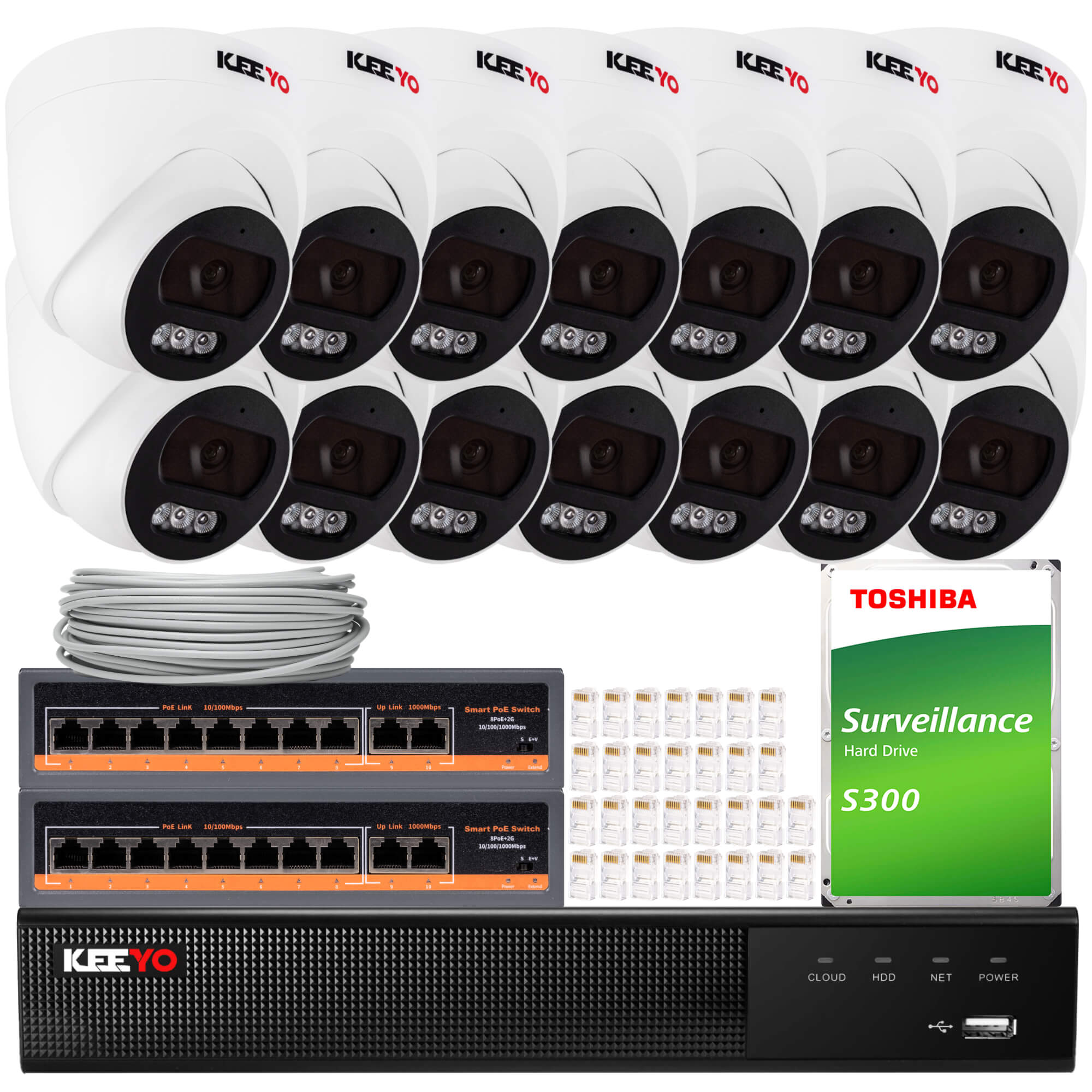 Zestaw do monitoringu IP KEEYO 14x LV-V-IP4M25DF-B 4Mpx, PoE, IR 25m, Audio, AI