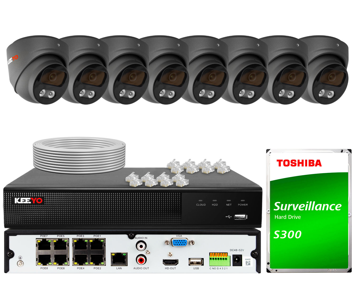 Zestaw do monitoringu KEEYO 8x LV-V-IP8M25DF-DL-G 8Mpx, hybrydowe doświetlenie IR/LED