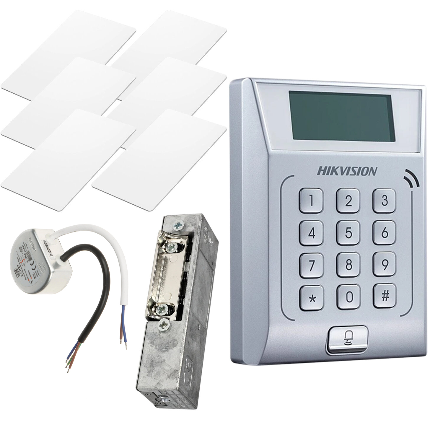 Zestaw dostępowy Hikvision DS-K1T802M, 6x karta zbliżeniowa, elektrozaczep, zasilacz