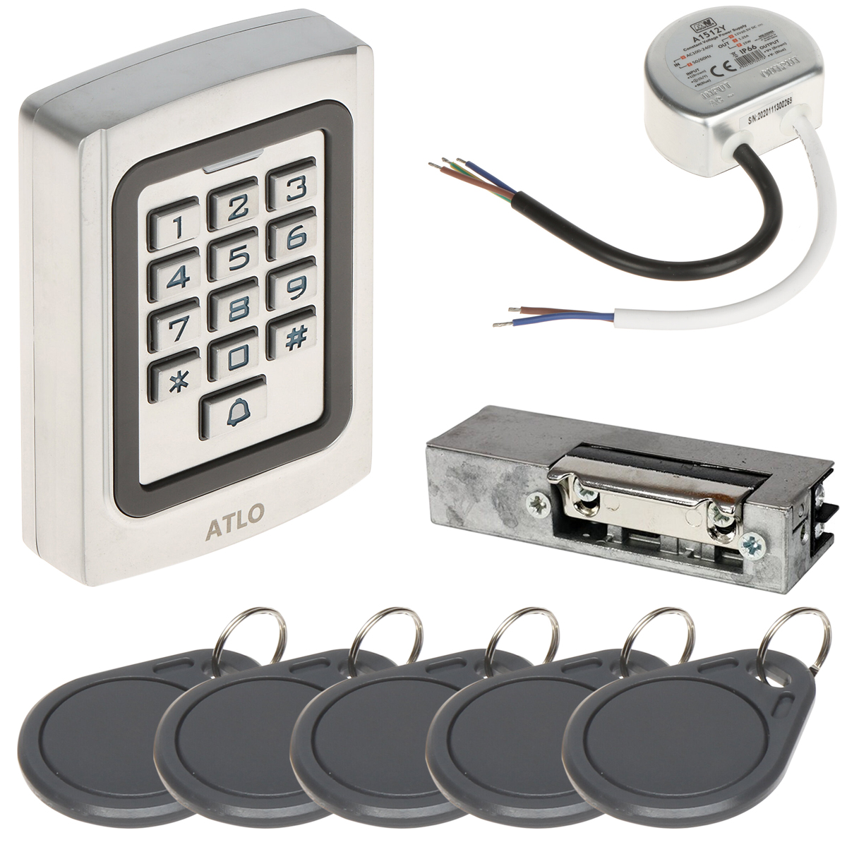 Zestaw kontroli dostępu ATLO-KRMD-512, zasilacz, elektrozaczep, karty dostępu